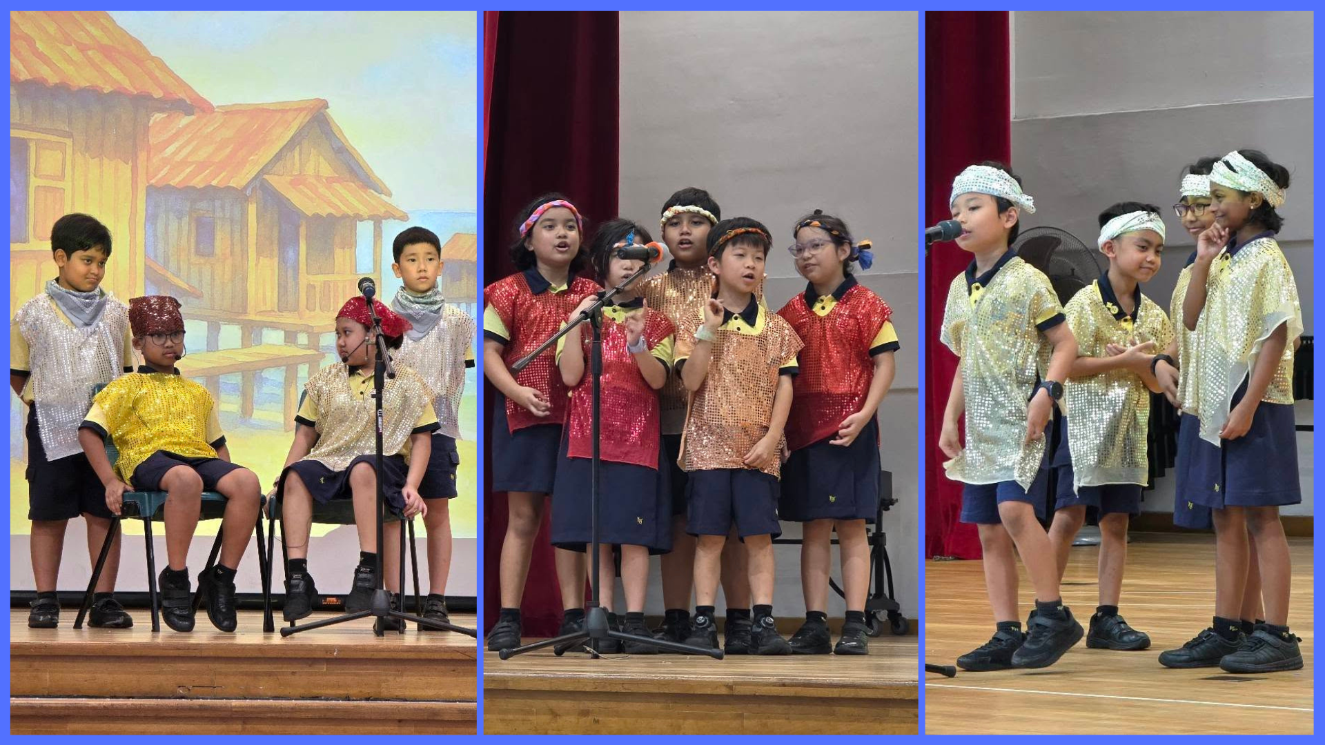 Children in sequined costumes and lion masks perform on stage at a school event, raising their hands near a microphone.